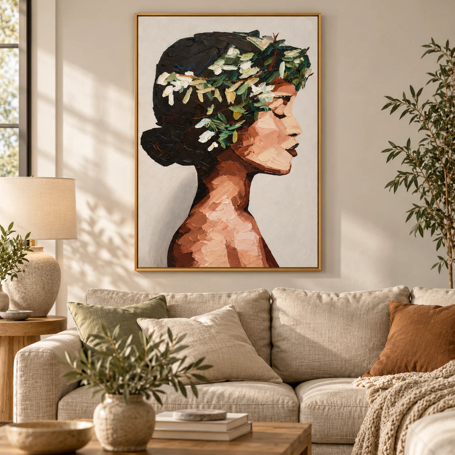 Woman with White Flowers Oil Painting | Dark Hair Profile Portrait Textured Vertical Figurative Canvas Wall Art #OA 1814