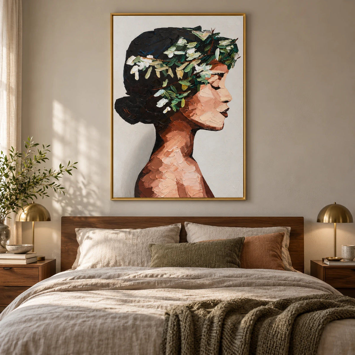 Woman with White Flowers Oil Painting | Dark Hair Profile Portrait Textured Vertical Figurative Canvas Wall Art #OA 1814