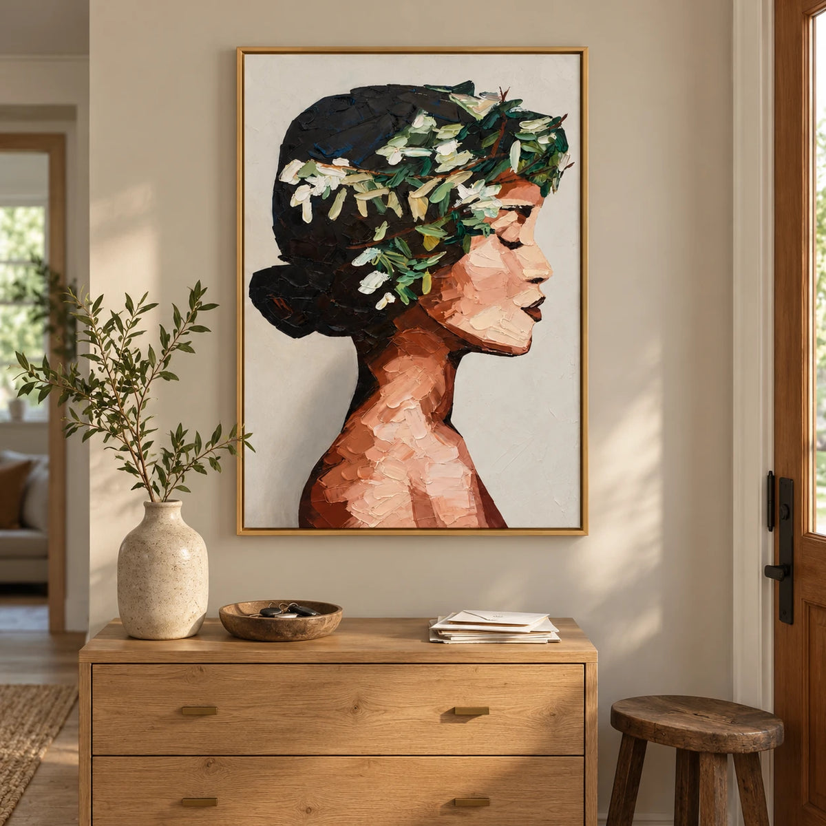 Woman with White Flowers Oil Painting | Dark Hair Profile Portrait Textured Vertical Figurative Canvas Wall Art #OA 1814