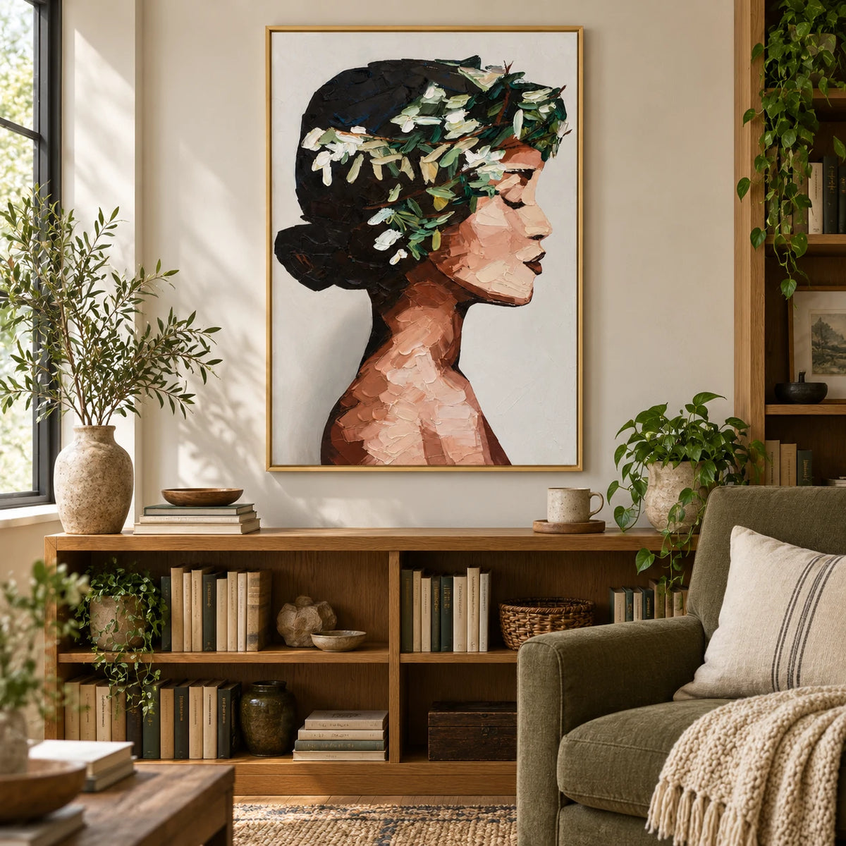Woman with White Flowers Oil Painting | Dark Hair Profile Portrait Textured Vertical Figurative Canvas Wall Art #OA 1814