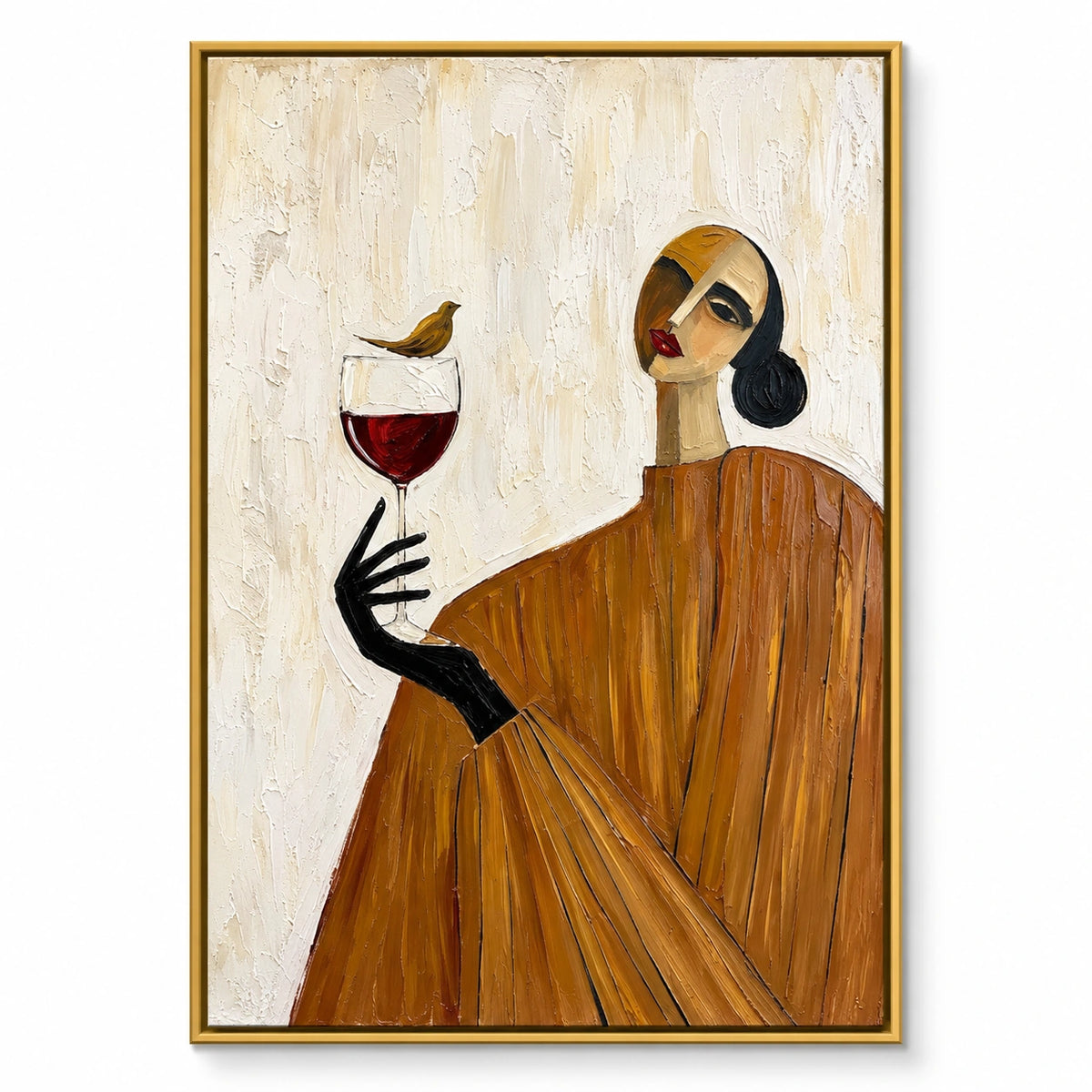 Woman with Wine Glass and Bird Oil Painting | Ochre Dress Abstract Portrait Textured Vertical Wall Art OA 1664