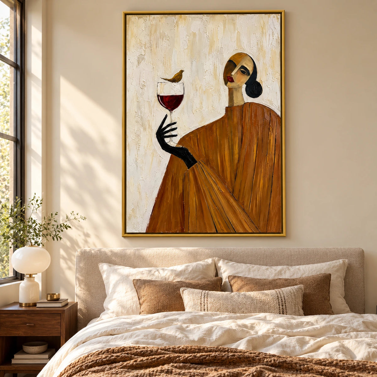 Woman with Wine Glass and Bird Oil Painting | Ochre Dress Abstract Portrait Textured Vertical Wall Art OA 1664