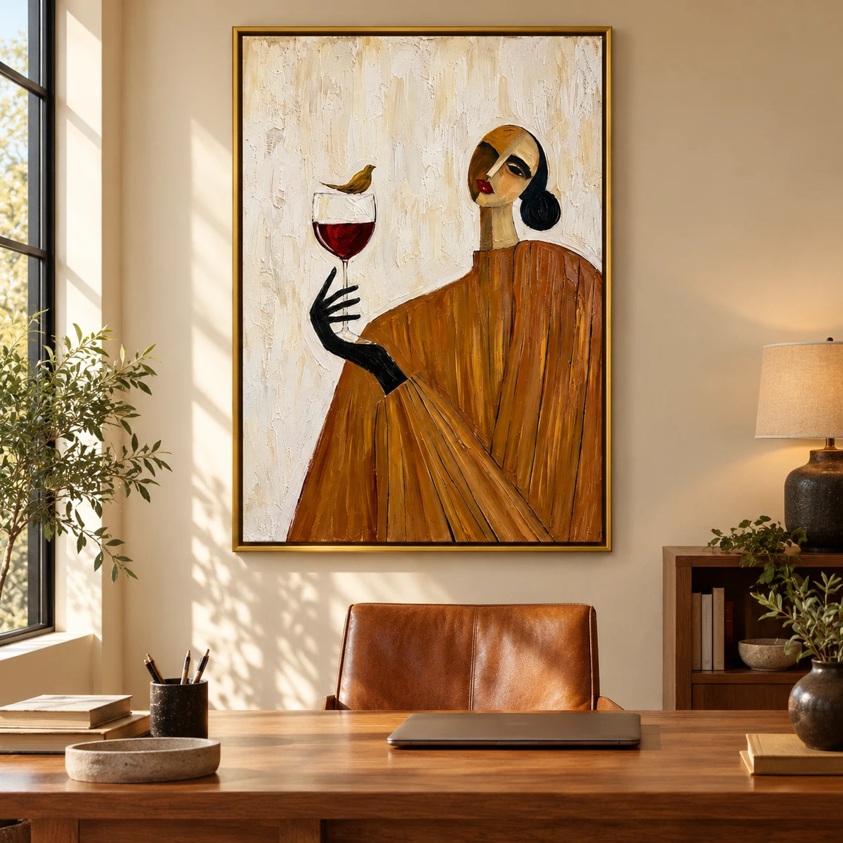 Woman with Wine Glass and Bird Oil Painting | Ochre Dress Abstract Portrait Textured Vertical Wall Art OA 1664