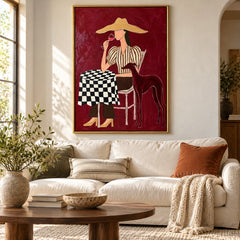 Woman with Wine and Greyhound Oil Painting | Burgundy Cafe Scene with Checkered Table Figurative Wall Art #OA 1637
