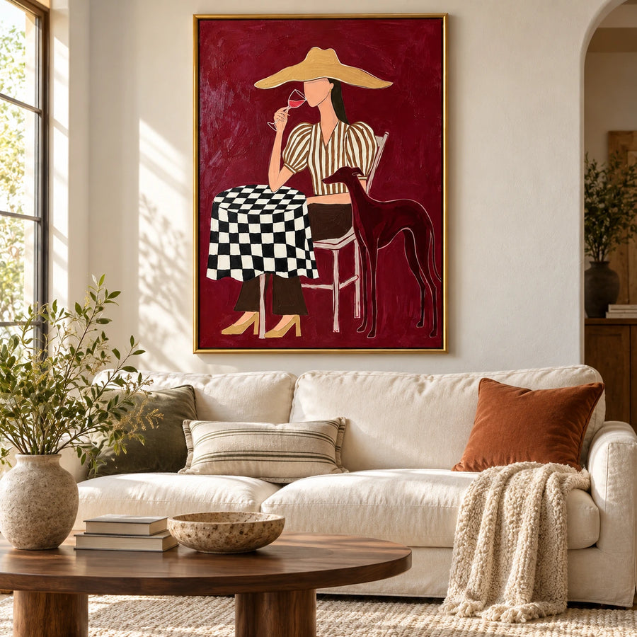 Woman with Wine and Greyhound Oil Painting | Burgundy Cafe Scene with Checkered Table Figurative Wall Art #OA 1637