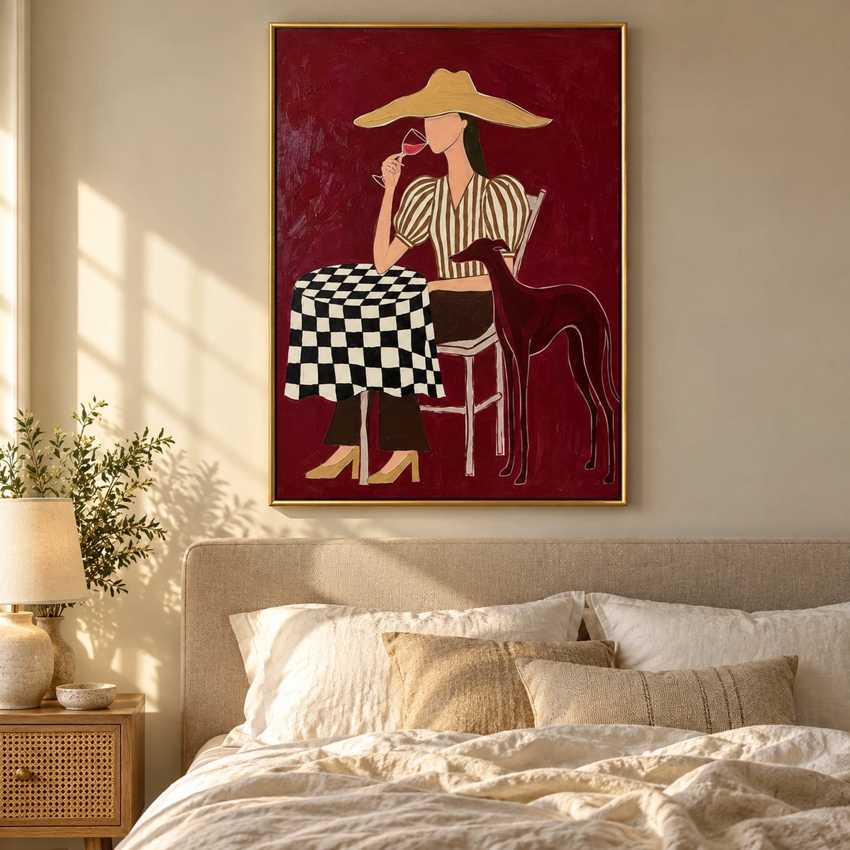 Woman with Wine and Greyhound Oil Painting | Burgundy Cafe Scene with Checkered Table Figurative Wall Art #OA 1637