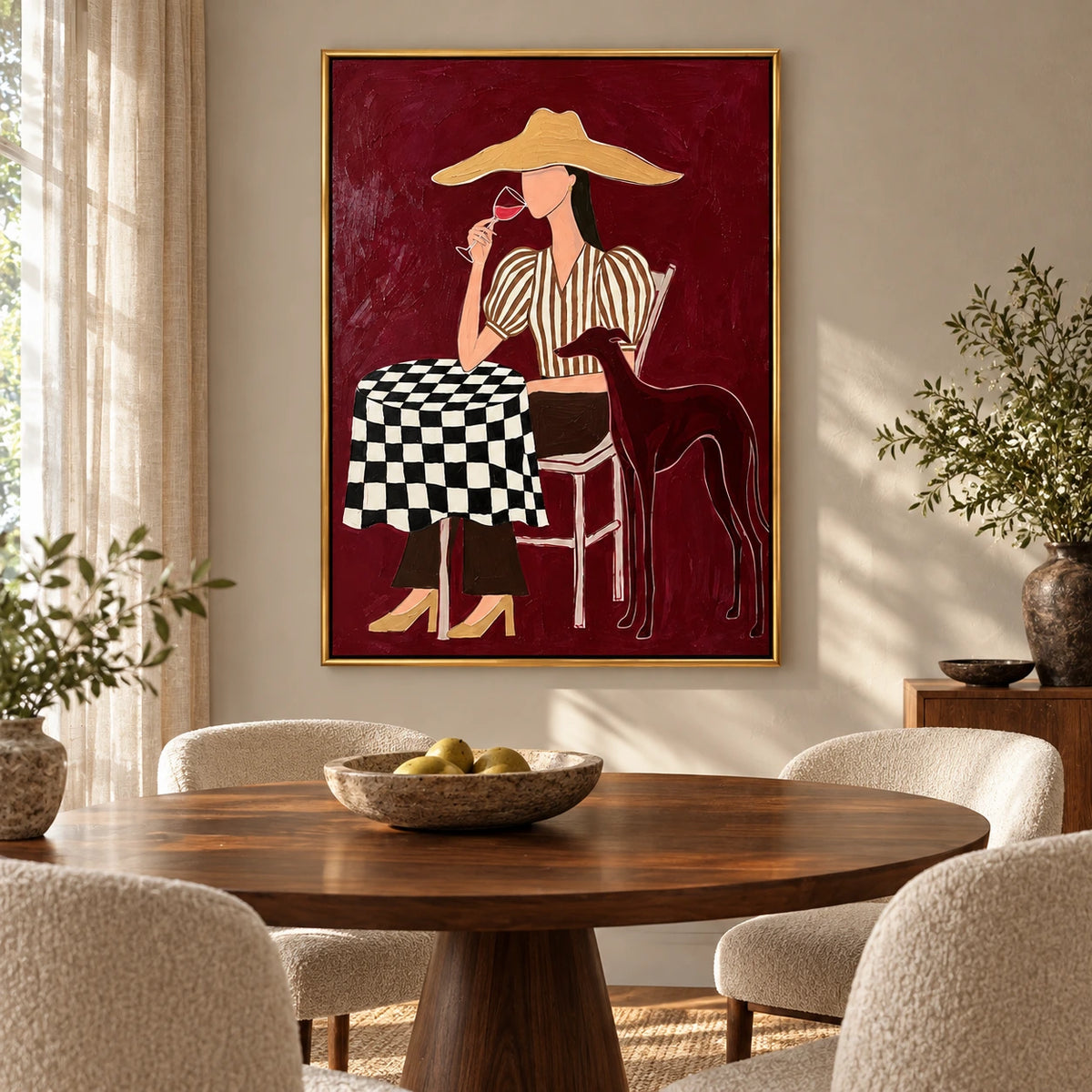 Woman with Wine and Greyhound Oil Painting | Burgundy Cafe Scene with Checkered Table Figurative Wall Art #OA 1637