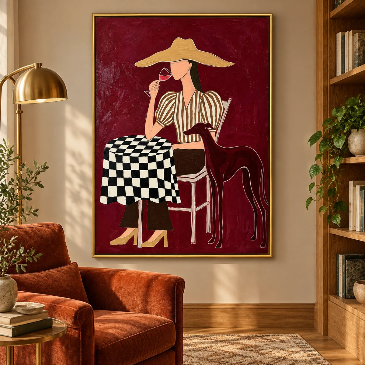 Woman with Wine and Greyhound Oil Painting | Burgundy Cafe Scene with Checkered Table Figurative Wall Art #OA 1637