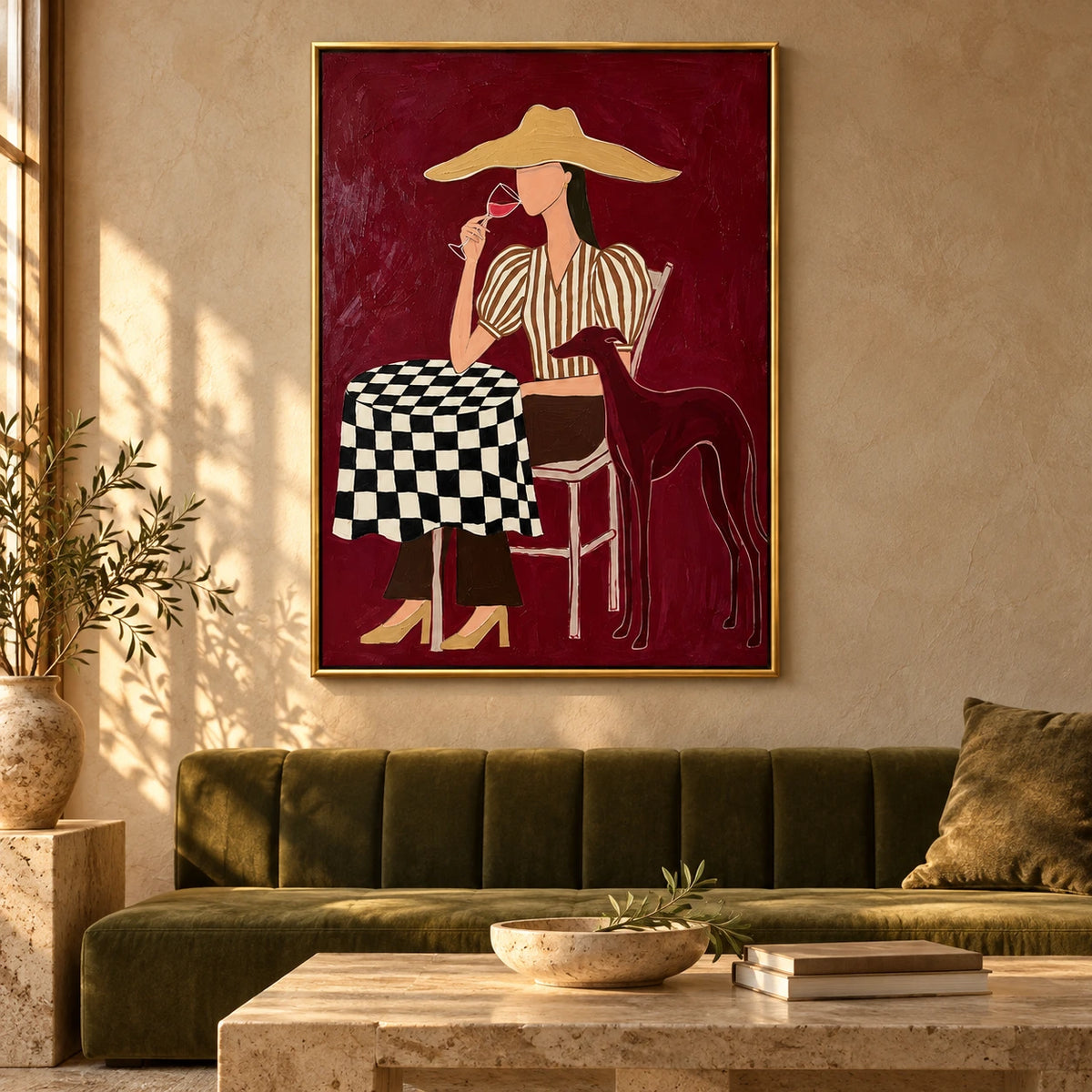 Woman with Wine and Greyhound Oil Painting | Burgundy Cafe Scene with Checkered Table Figurative Wall Art #OA 1637