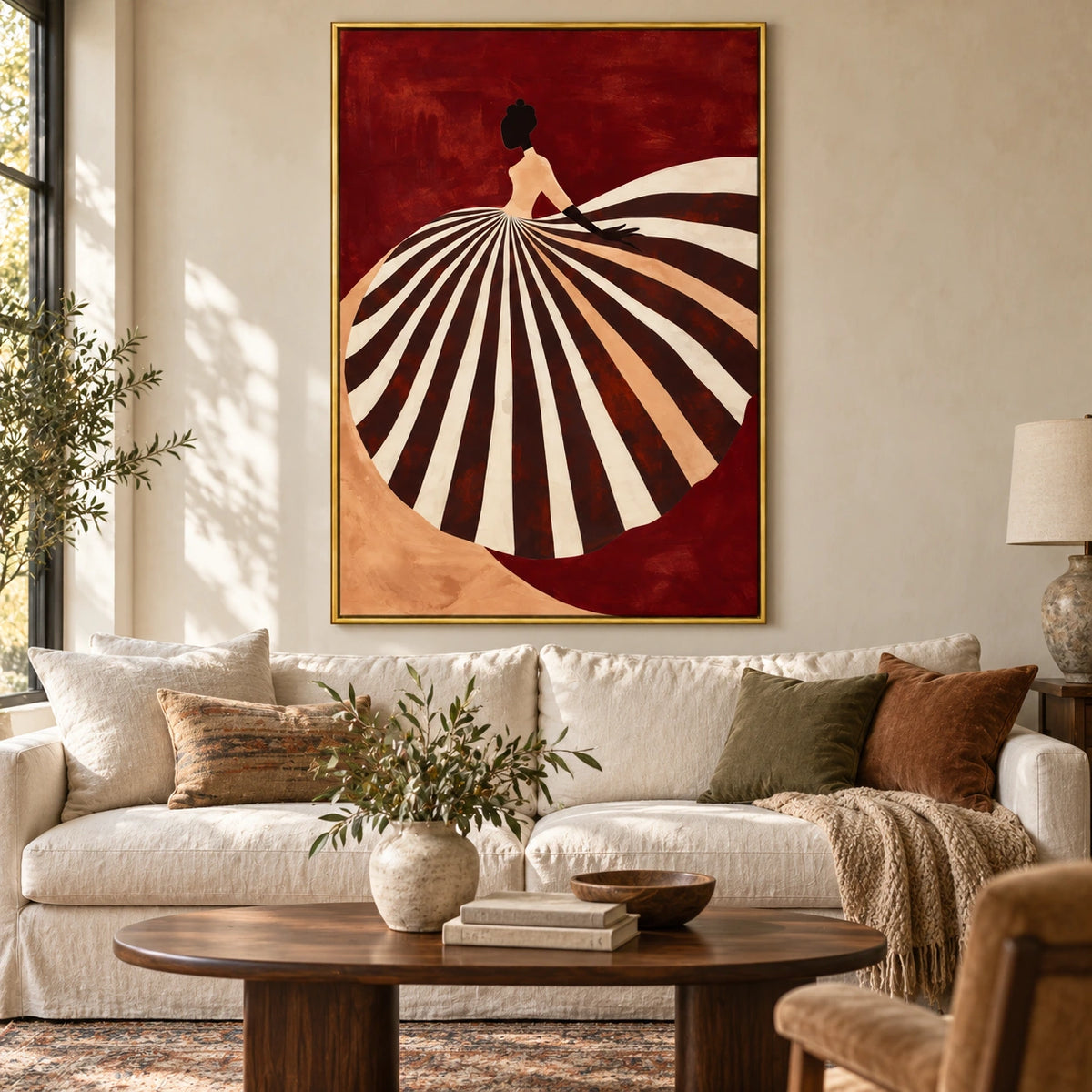 Woman in Black and White Striped Dress Oil Painting | Red Figurative Fashion Wall Art #OA 1601