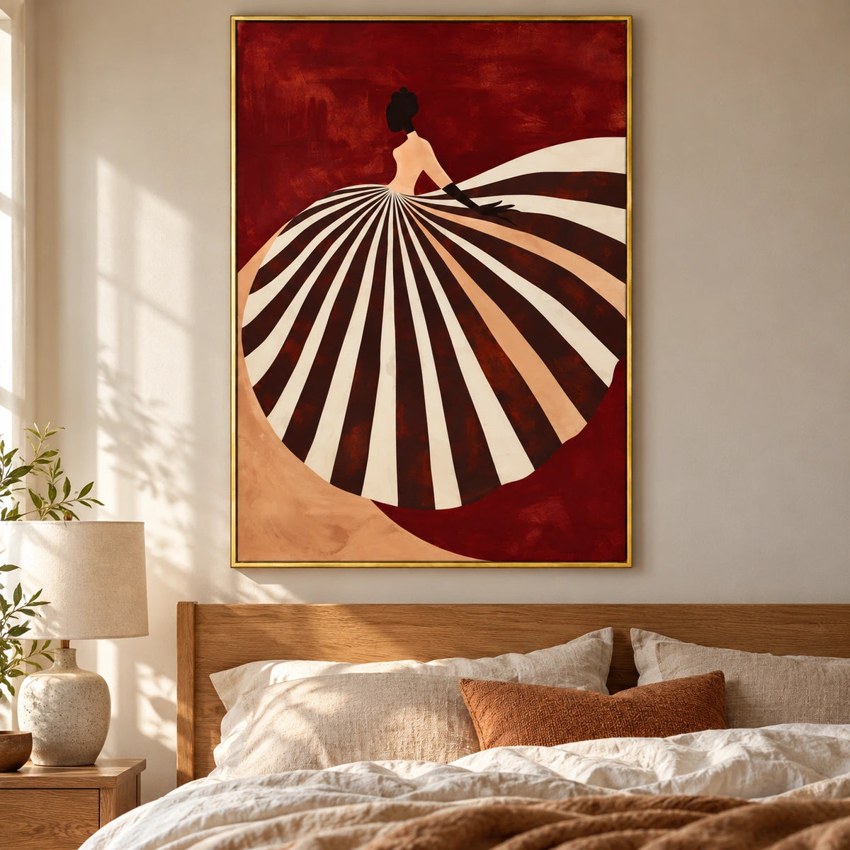Woman in Black and White Striped Dress Oil Painting | Red Figurative Fashion Wall Art #OA 1601