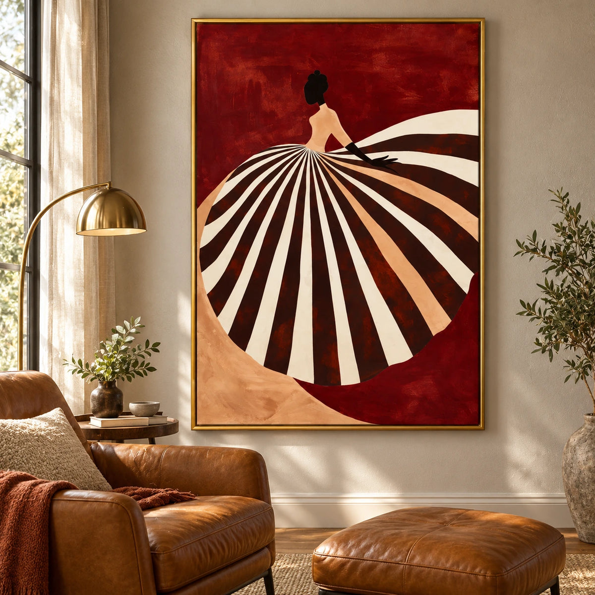 Woman in Black and White Striped Dress Oil Painting | Red Figurative Fashion Wall Art #OA 1601