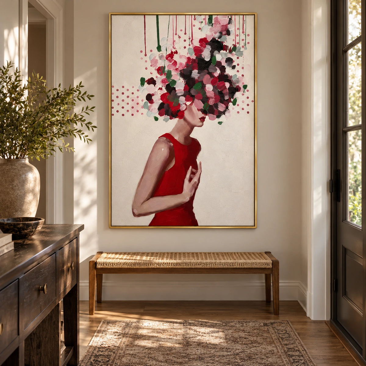 Woman with Floral Headdress Oil Painting | Red Dress Botanical Portrait Wall Art #OA 1604