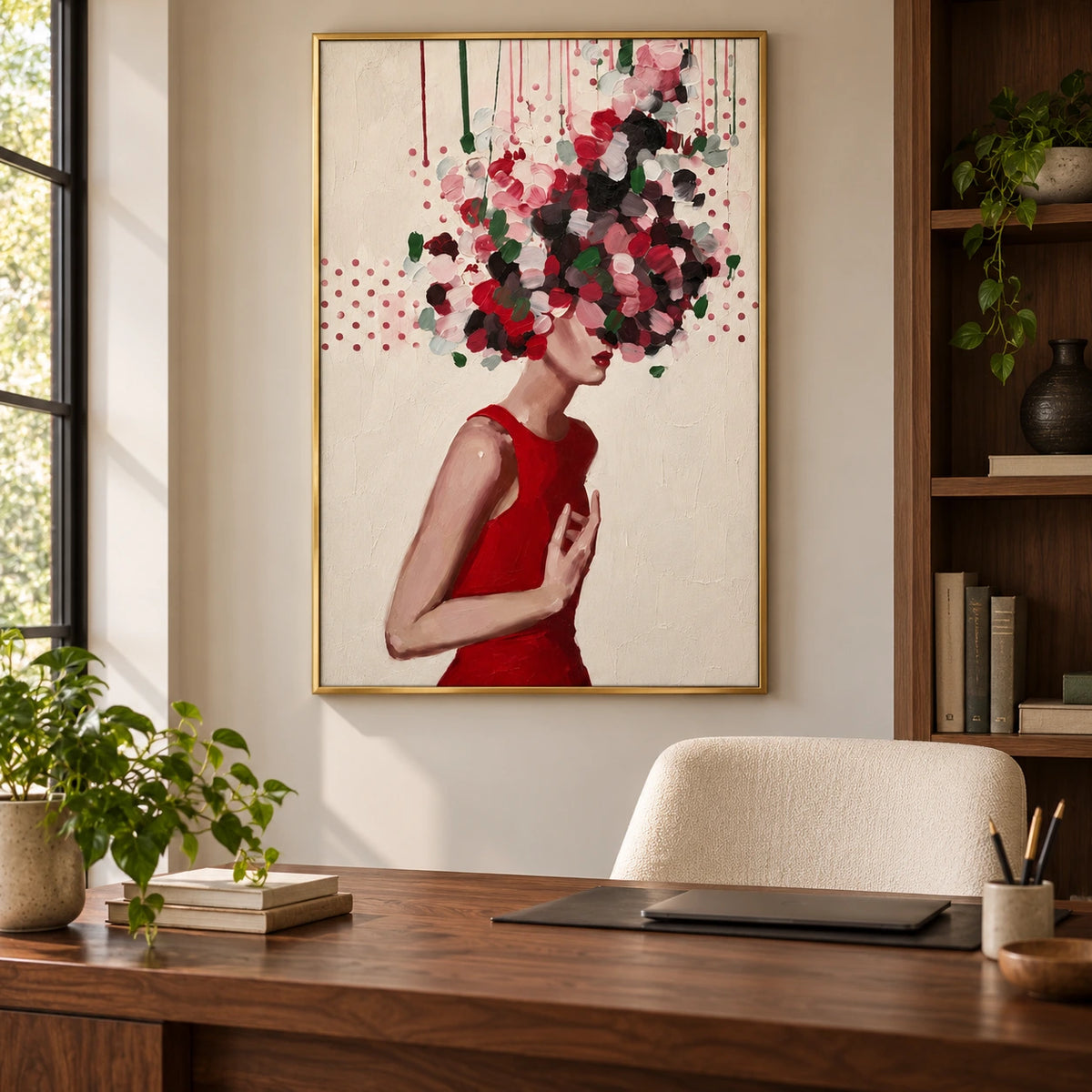 Woman with Floral Headdress Oil Painting | Red Dress Botanical Portrait Wall Art #OA 1604