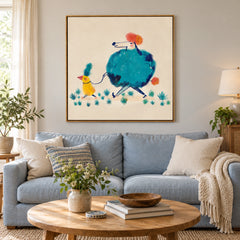 Yellow Bird Walking Blue Poodle Oil Painting | Colorful Whimsical Animals on Cream Square Nursery Wall Art #OA 1749