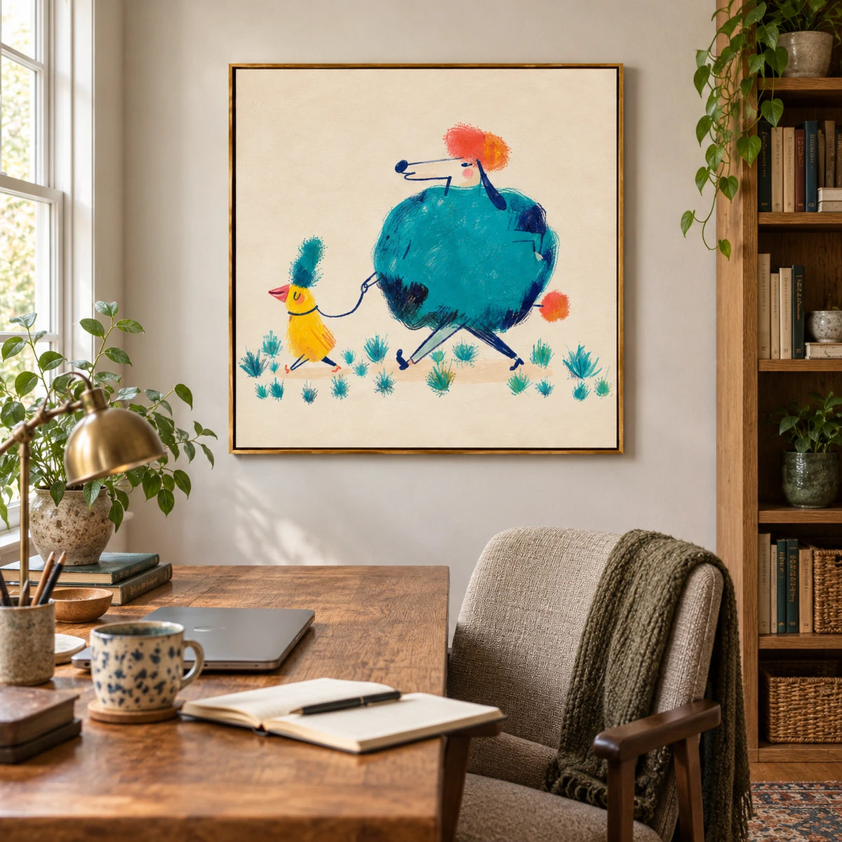 Yellow Bird Walking Blue Poodle Oil Painting | Colorful Whimsical Animals on Cream Square Nursery Wall Art OA 1749