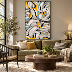 Yellow Teal Black and White Abstract Oil Painting | Flowing Ribbon Curves Modern Vertical Wall Art #OA 1673