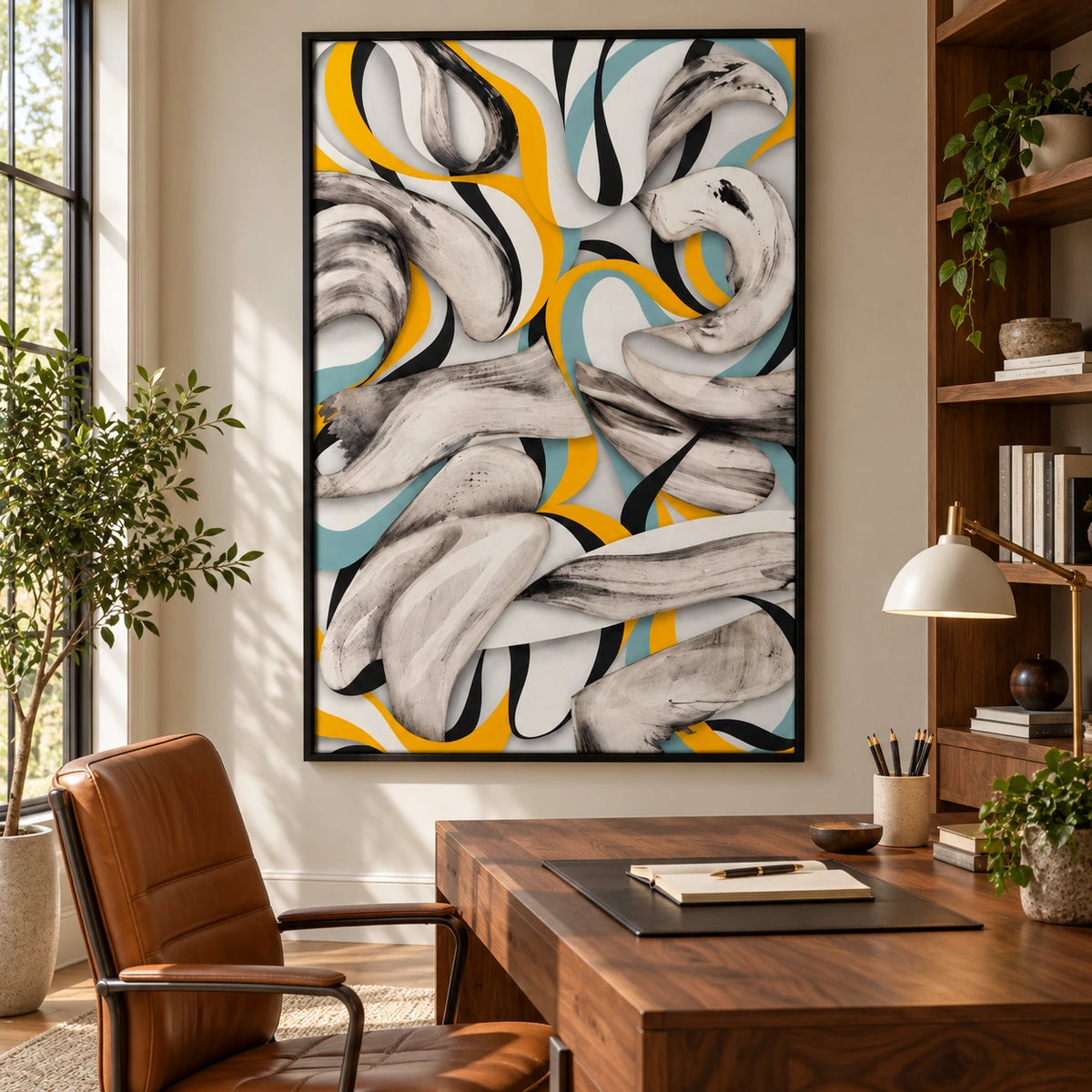 Yellow Teal Black and White Abstract Oil Painting | Flowing Ribbon Curves Modern Vertical Wall Art OA 1673