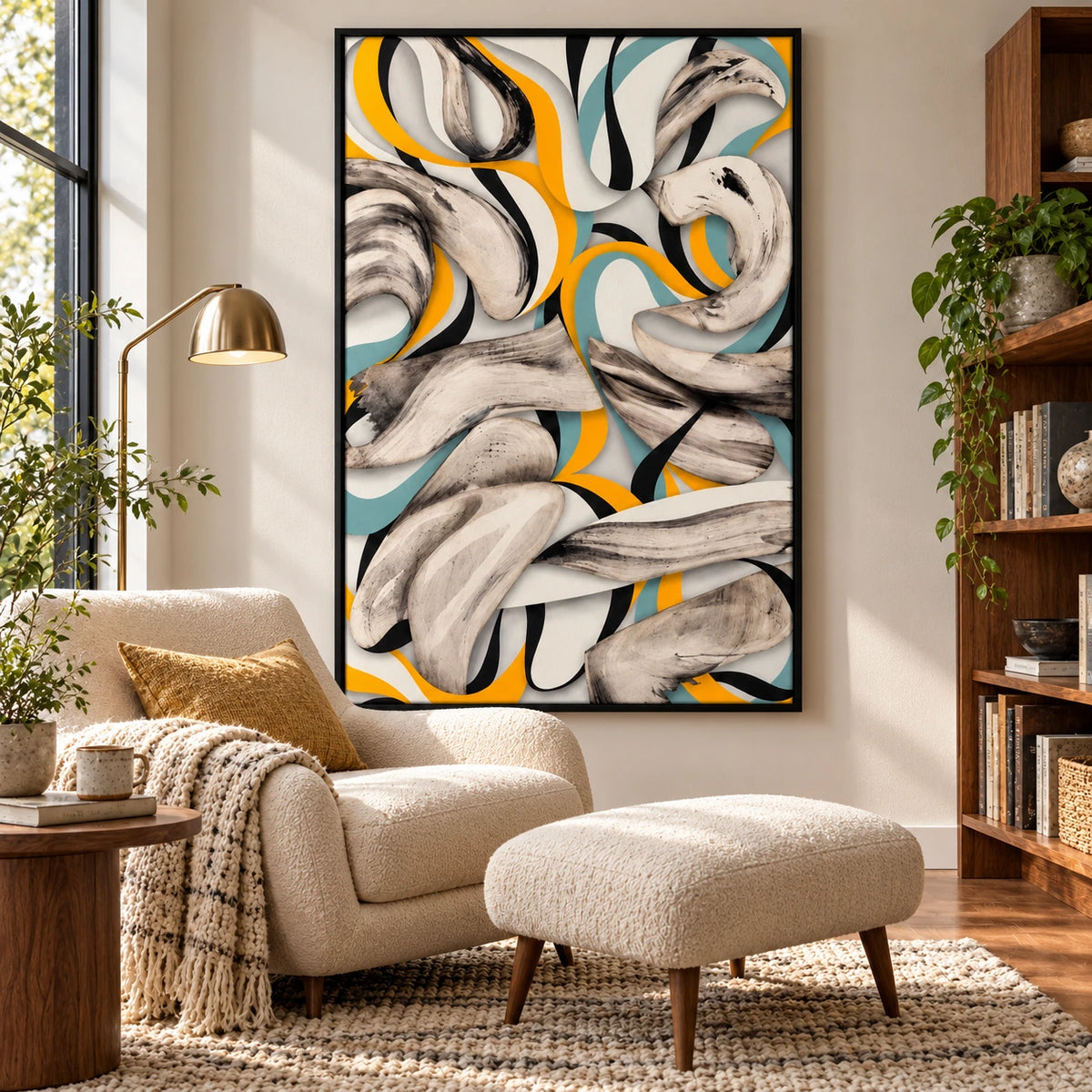 Yellow Teal Black and White Abstract Oil Painting | Flowing Ribbon Curves Modern Vertical Wall Art OA 1673