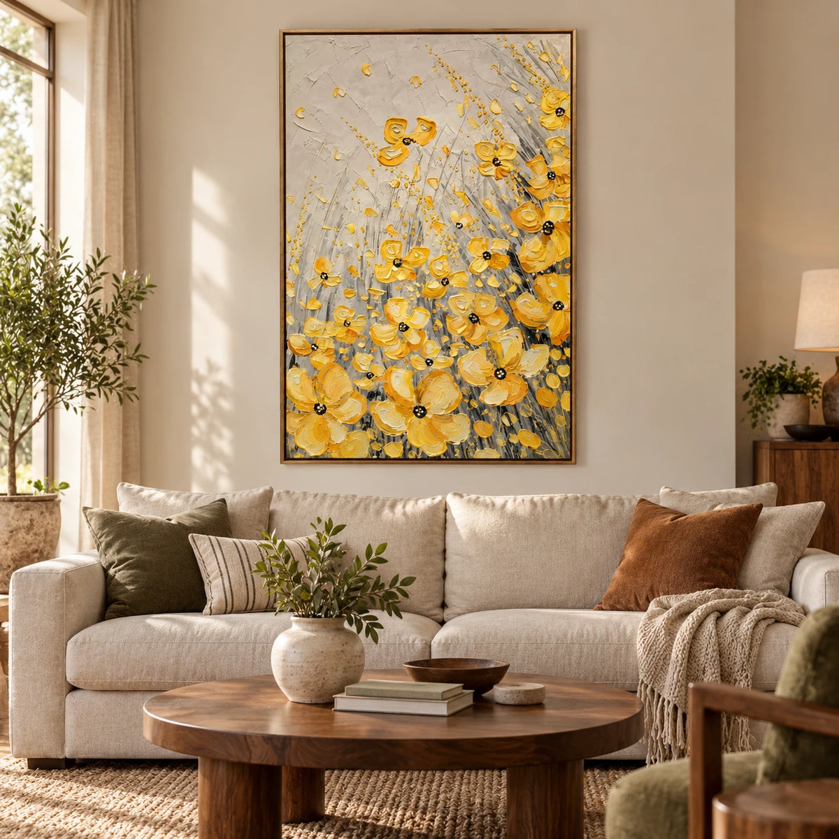 Yellow Wildflowers Oil Painting | Gold Petals Grey Stems and Cream Background Textured Vertical Floral Wall Art OA 1784