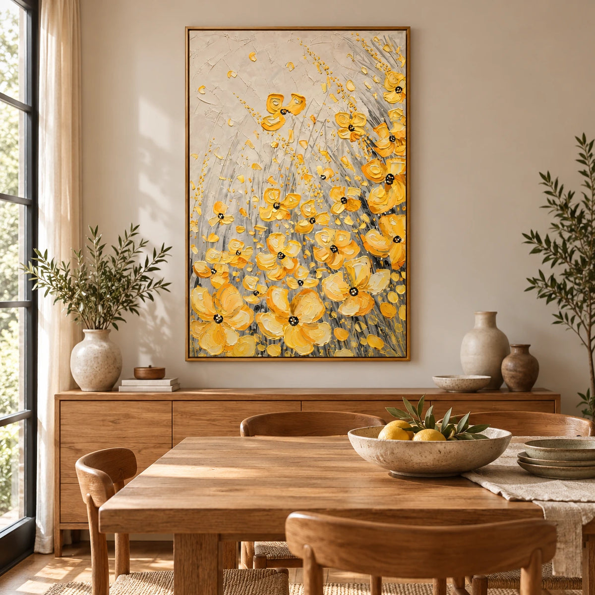Yellow Wildflowers Oil Painting | Gold Petals Grey Stems and Cream Background Textured Vertical Floral Wall Art OA 1784