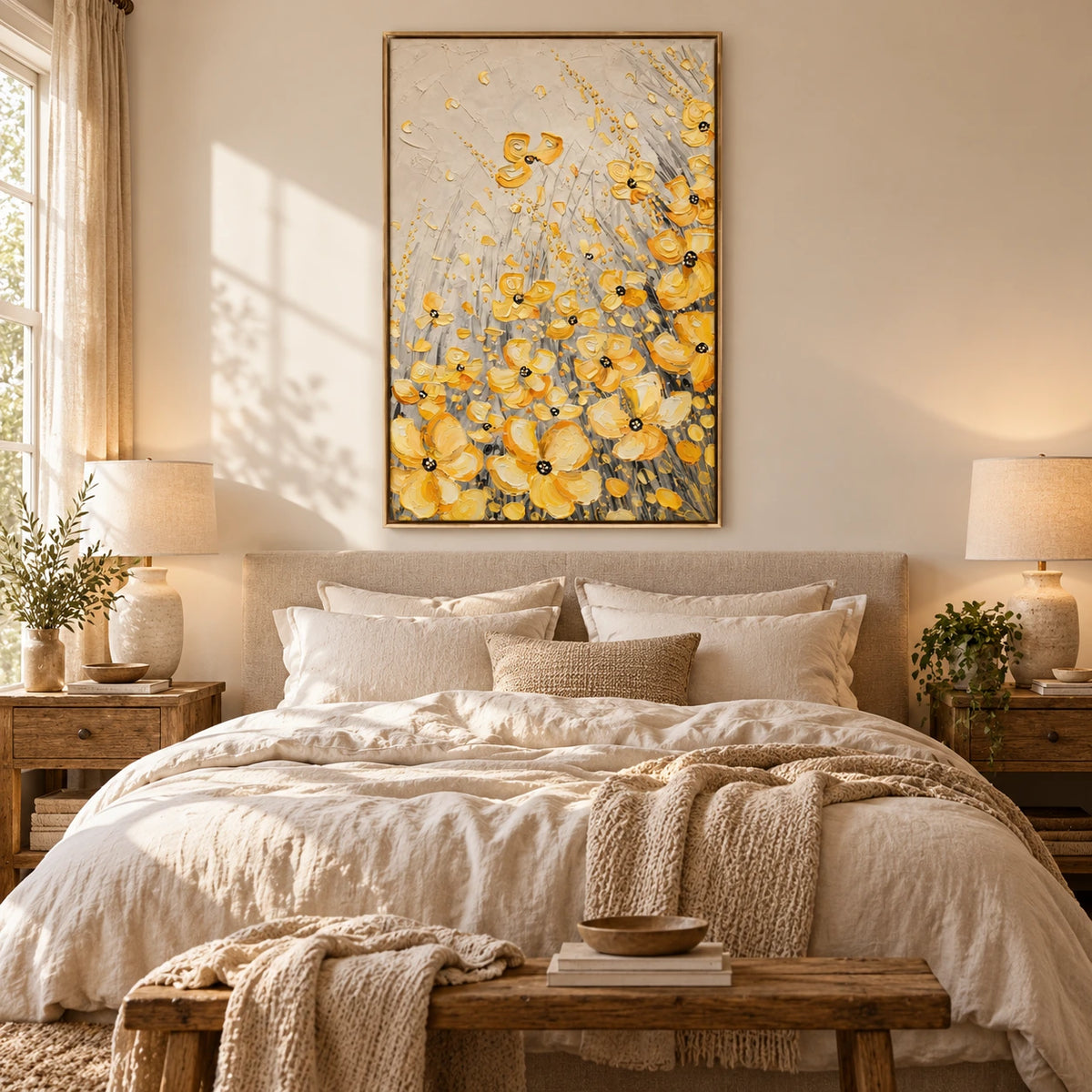 Yellow Wildflowers Oil Painting | Gold Petals Grey Stems and Cream Background Textured Vertical Floral Wall Art OA 1784