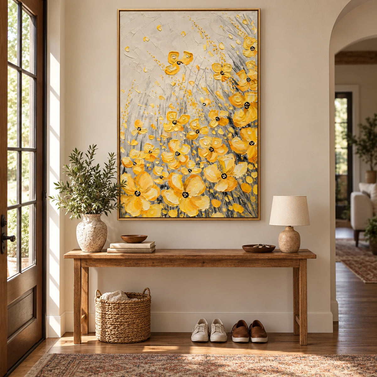 Yellow Wildflowers Oil Painting | Gold Petals Grey Stems and Cream Background Textured Vertical Floral Wall Art OA 1784