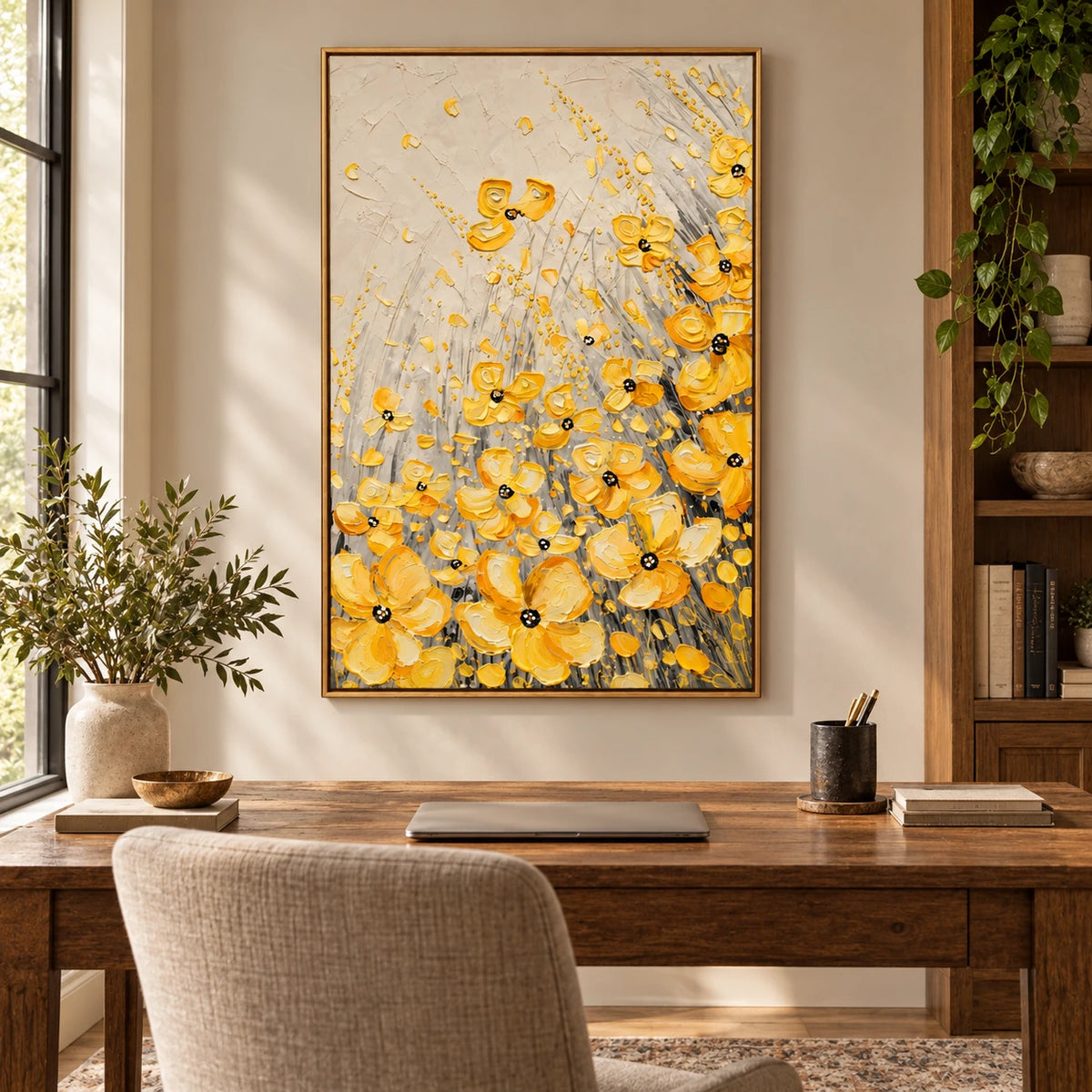 Yellow Wildflowers Oil Painting | Gold Petals Grey Stems and Cream Background Textured Vertical Floral Wall Art OA 1784