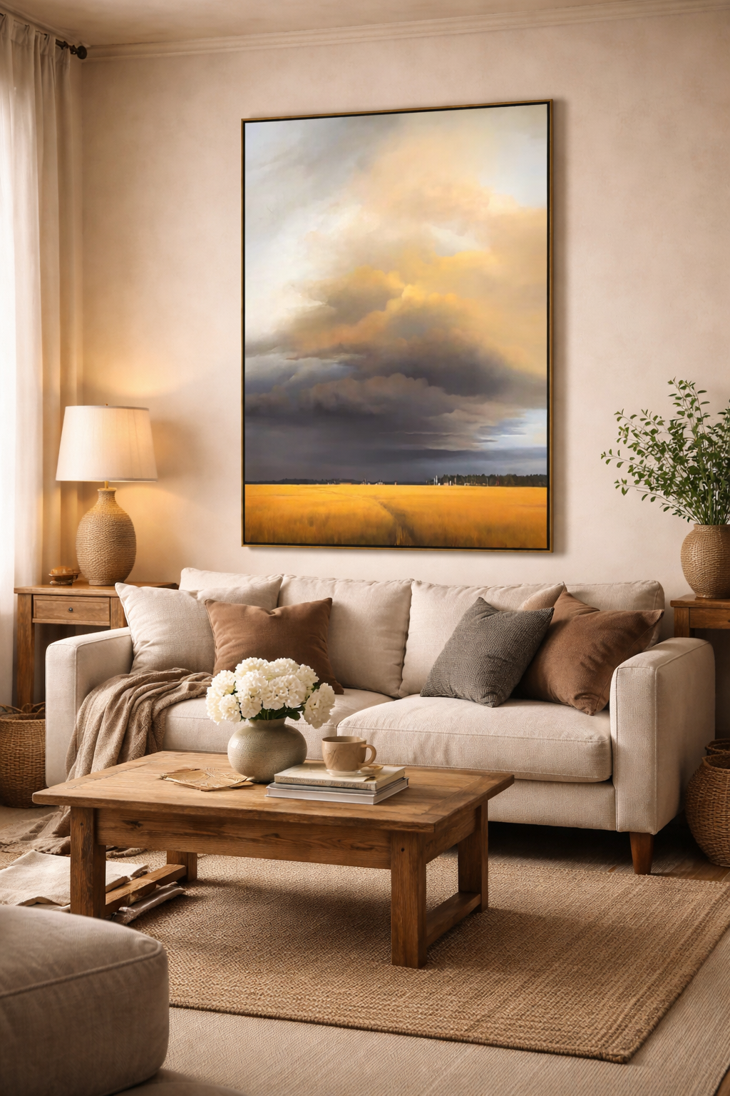 Dramatic Sky Over Golden Wheat Field Wall Art, Rustic Countryside Landscape Canvas Painting for Living Room Decor #OA 0728
