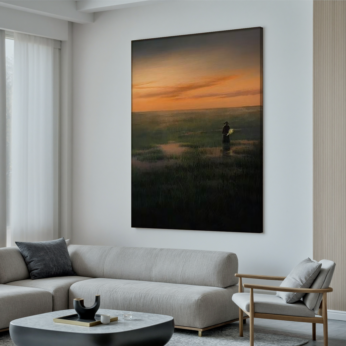 Solitary Figure at Sunset Wall Art, Serene Wetland Landscape Canvas Painting for Living Room Decor #OA 0729