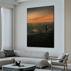 Solitary Figure at Sunset Wall Art, Serene Wetland Landscape Canvas Painting for Living Room Decor #OA 0729