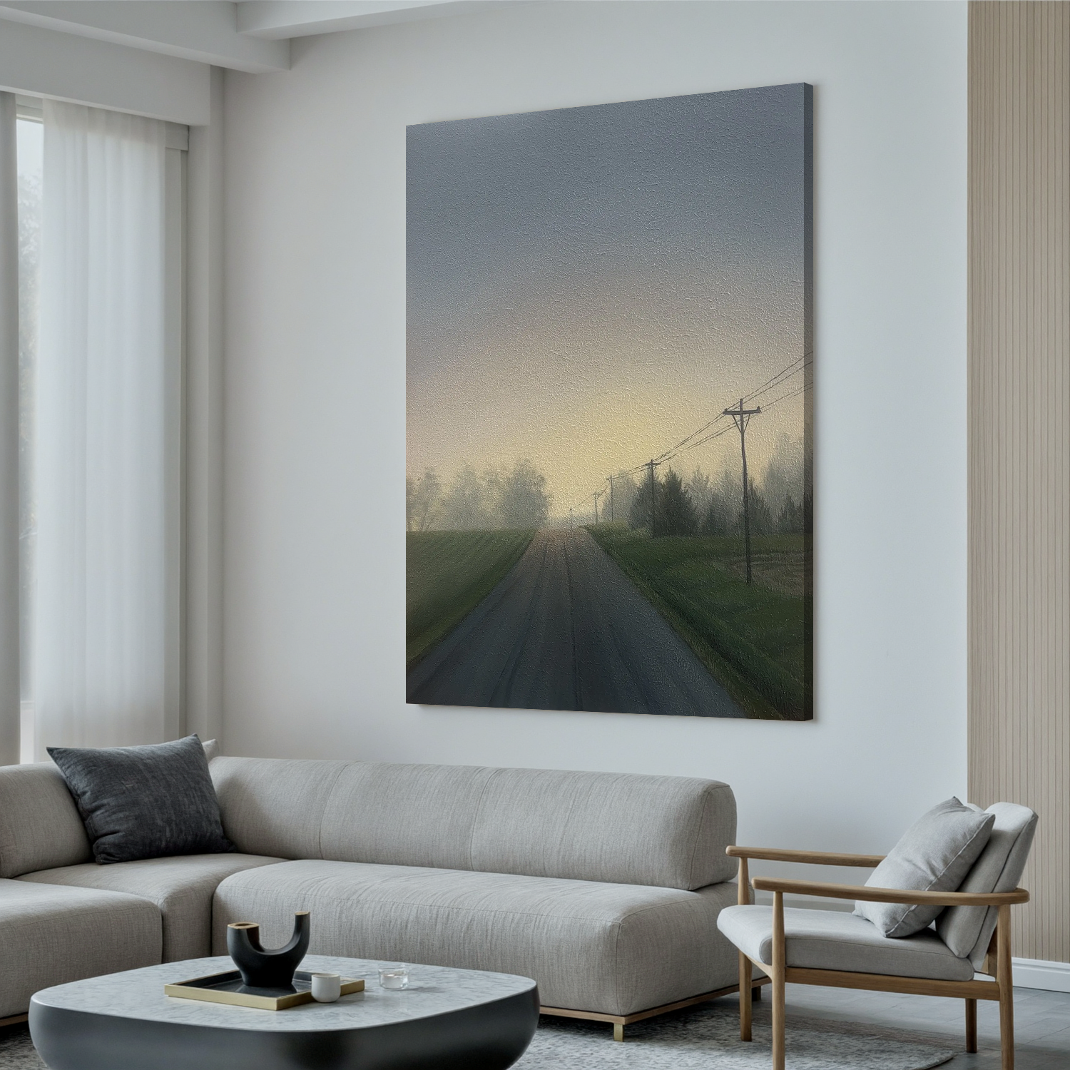 Misty Country Road Landscape Wall Art, Foggy Morning Rural Canvas Painting for Living Room Decor #OA 0759