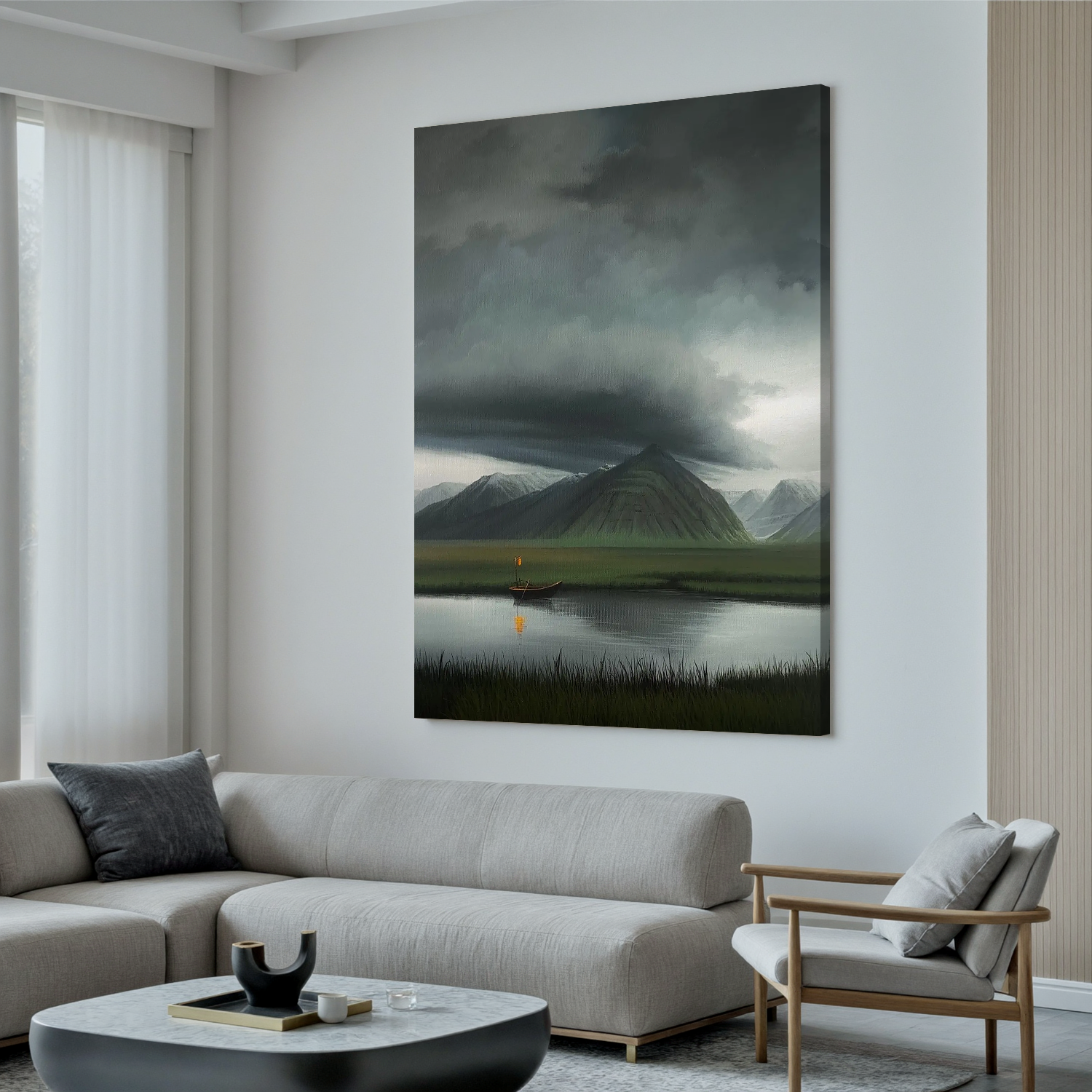 Moody Mountain Lake Wall Art with Boat and Lantern, Dramatic Storm Cloud Landscape Canvas for Living Room Decor #OA 0747
