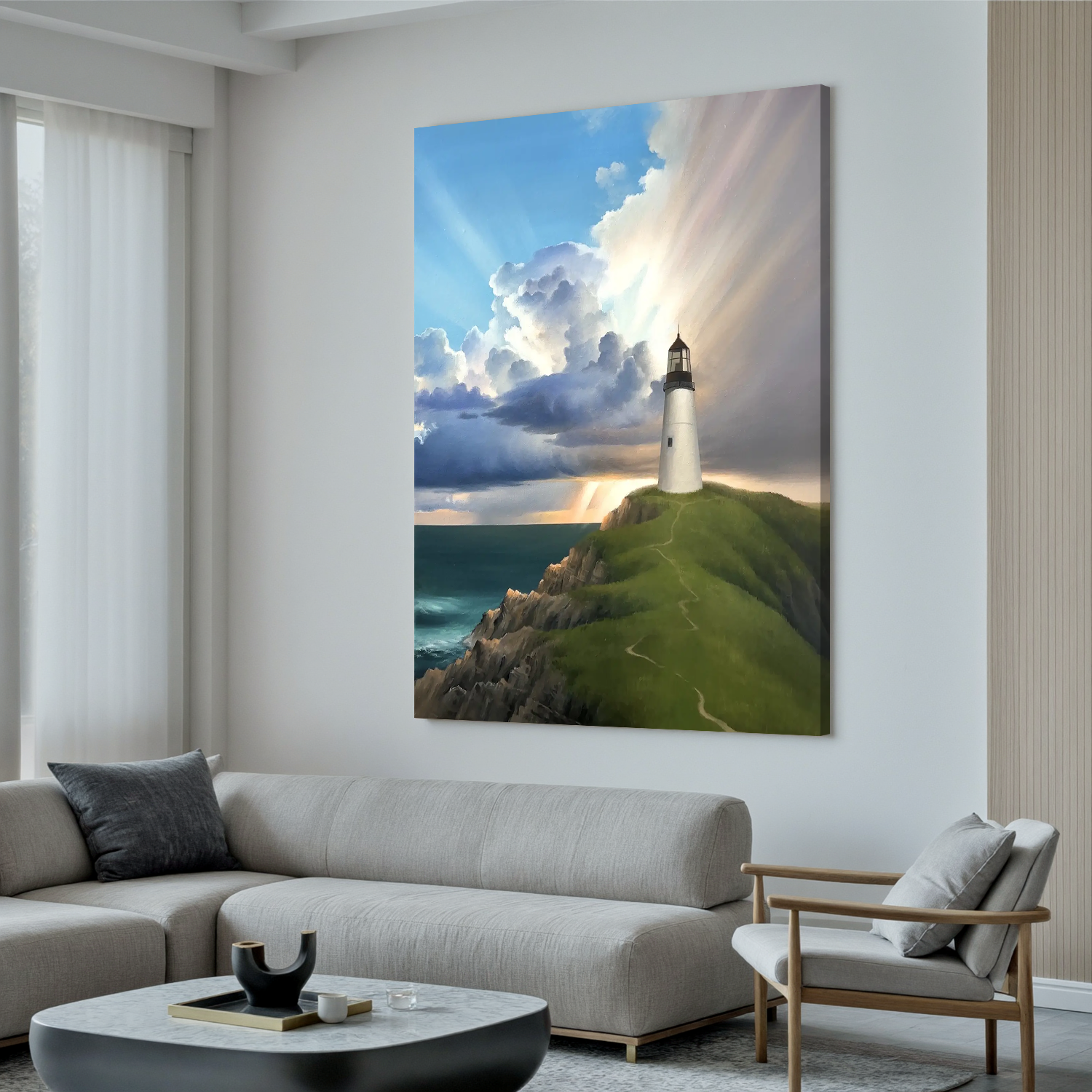 Coastal Lighthouse Wall Art, Dramatic Seascape Canvas Painting with Sun Rays for Living Room Decor #OA 0762