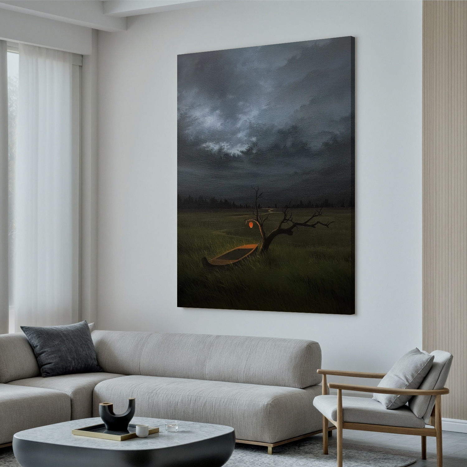 Moody Stormy Landscape Wall Art with Glowing Lantern and Boat, Surreal Lone Tree Meadow Canvas for Living Room Decor #OA 0738