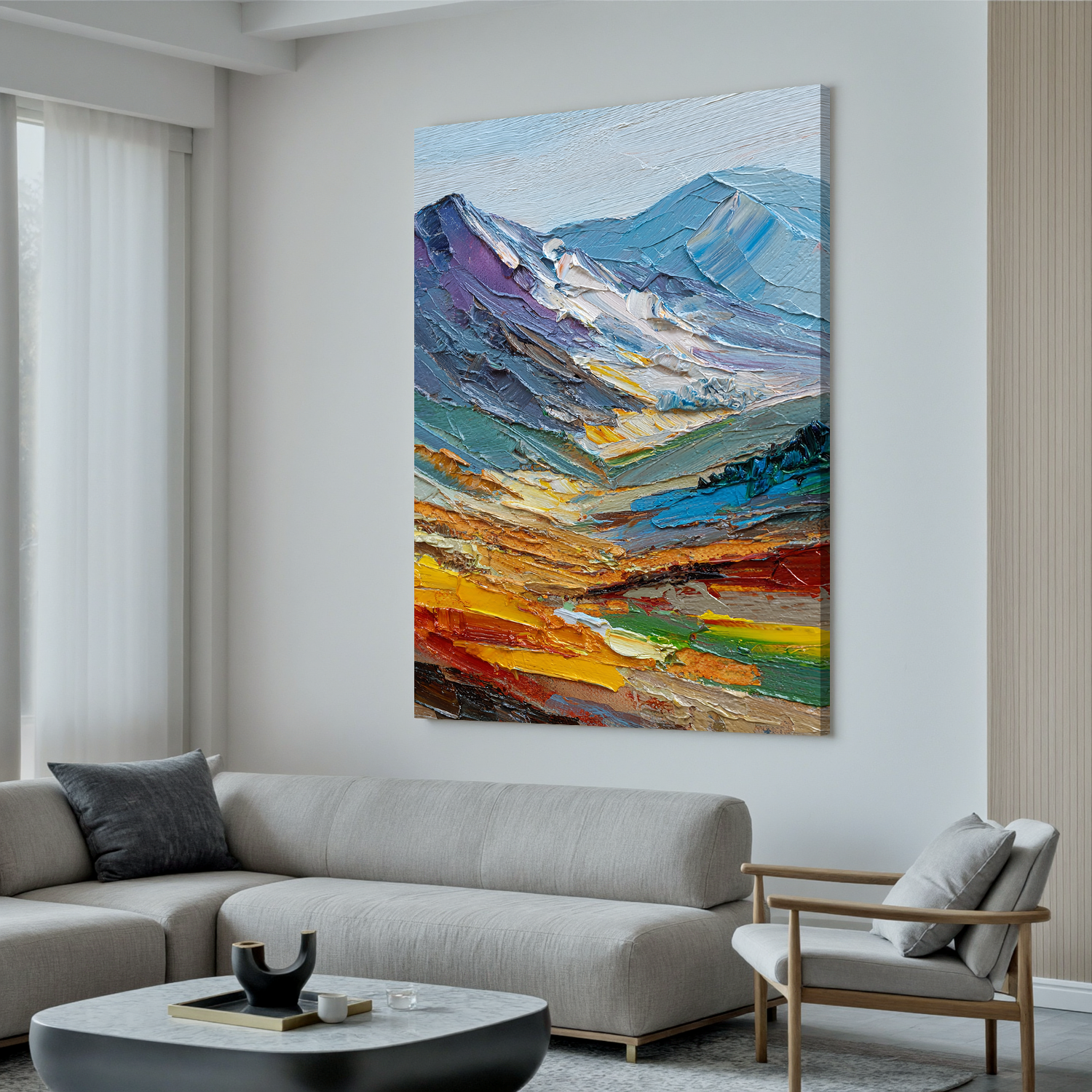 Textured Mountain Landscape Oil Painting – Impasto Abstract Canvas Wall Art for Modern Home Decor#OA 0886