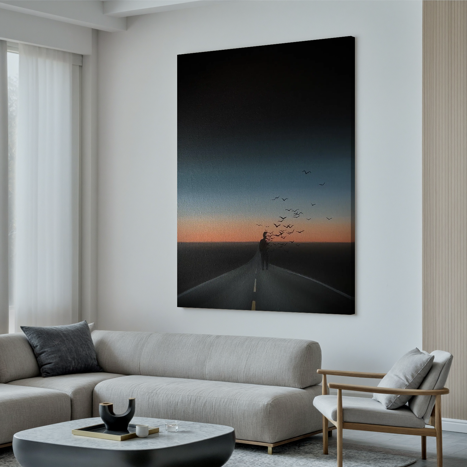 Surreal Lonely Road Wall Art with Flying Birds, Sunset Silhouette Landscape Canvas for Modern Living Room Decor #OA 0749