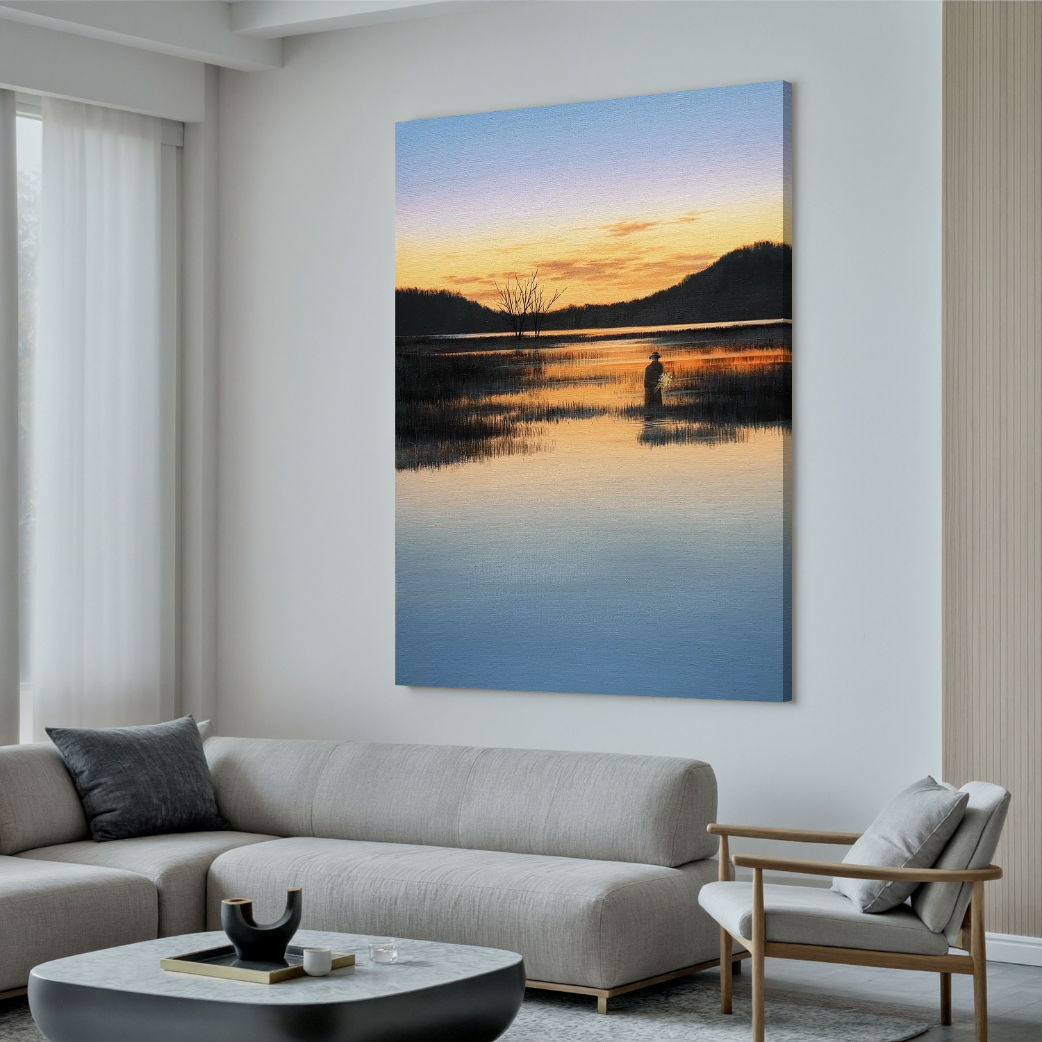 Serene Sunset Lake Wall Art with Solitary Figure, Peaceful Reflection Landscape Canvas for Living Room Decor #OA 0750