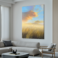 Golden Meadow Landscape Wall Art – Serene Sunrise Field Canvas Painting for Living Room Decor #OA 0800