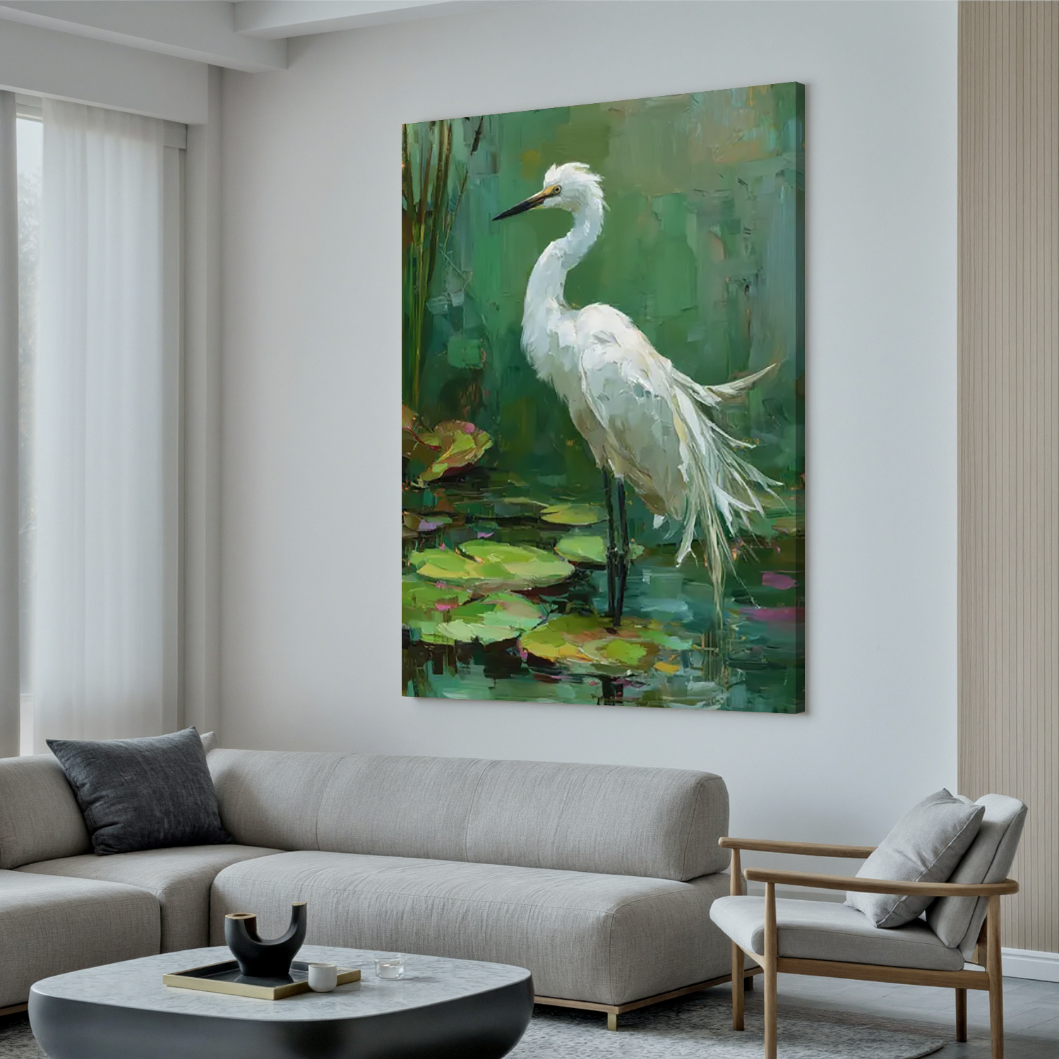 White Egret Bird Wall Art – Impressionist Nature Wildlife Canvas Painting for Living Room Decor
