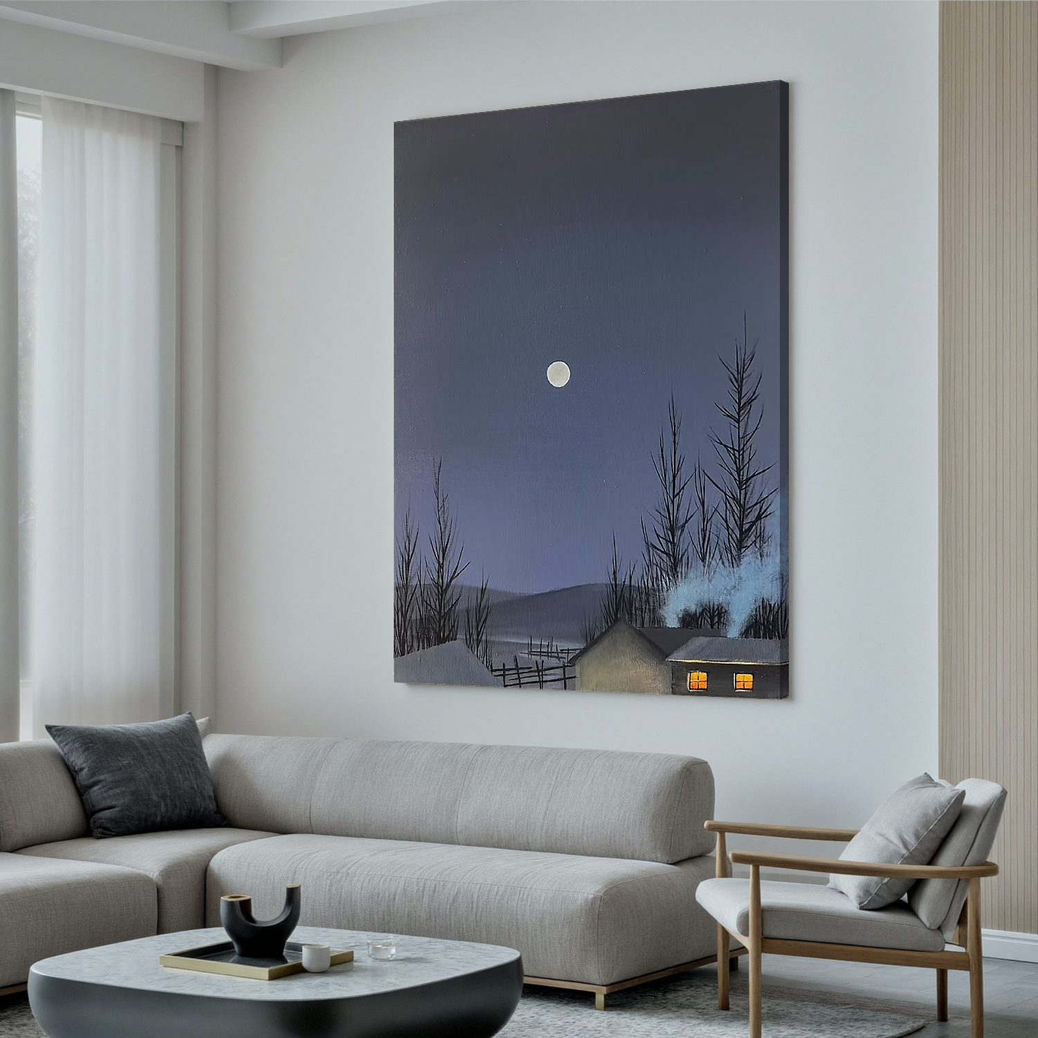 Moonlit Winter Cabin Wall Art – Snowy Night Landscape Canvas Painting for Living Room Decor #OA 0817