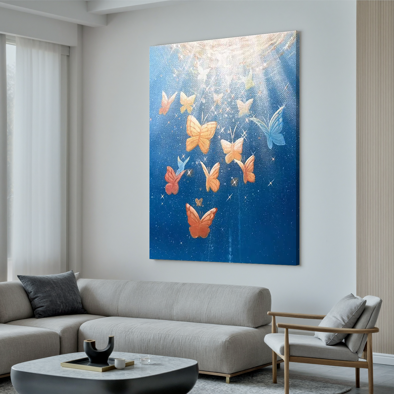 Dreamy Butterfly Wall Art, Celestial Blue Sky Canvas Painting with Light Rays, Whimsical Nature Decor for Living Room or Bedroom #OA 0787