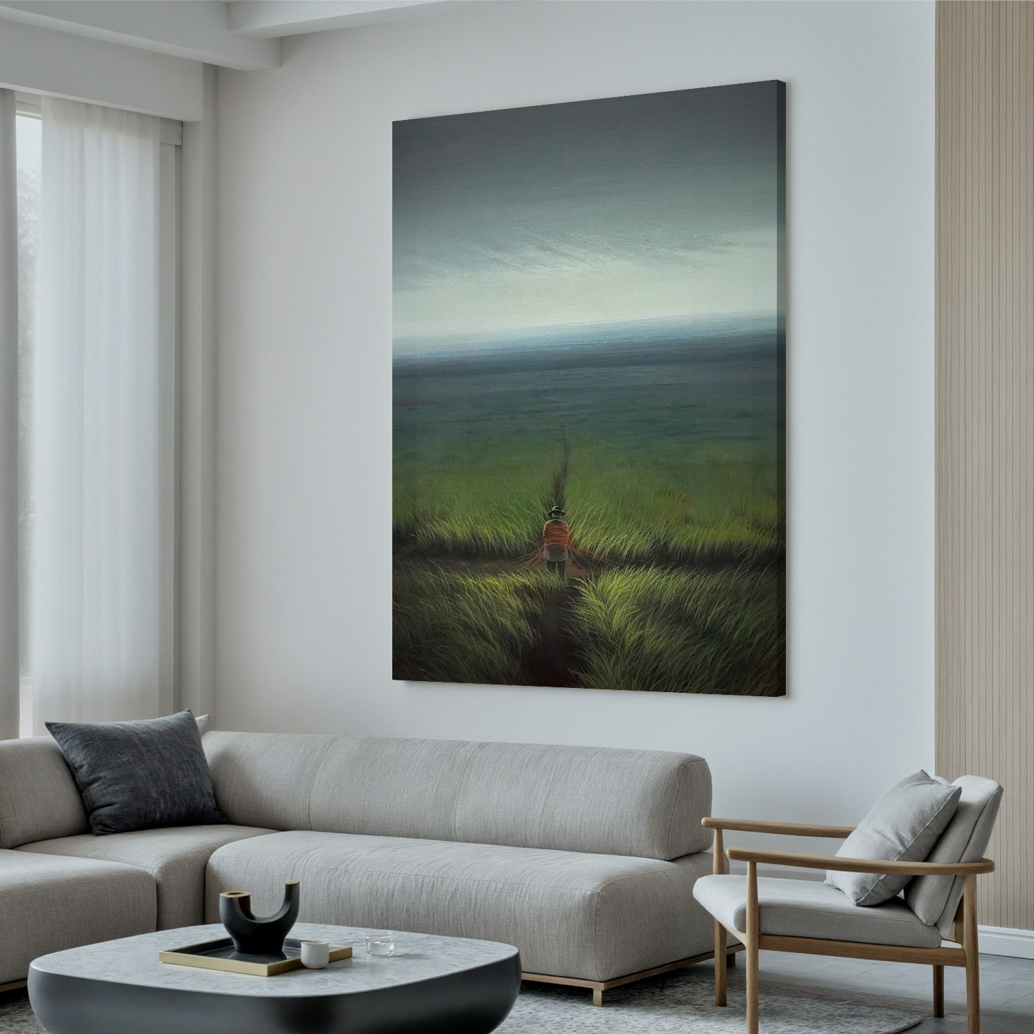 Lonely Figure Landscape Oil Painting, Misty Grassland Wall Art for Living Room Decor#OA 0623