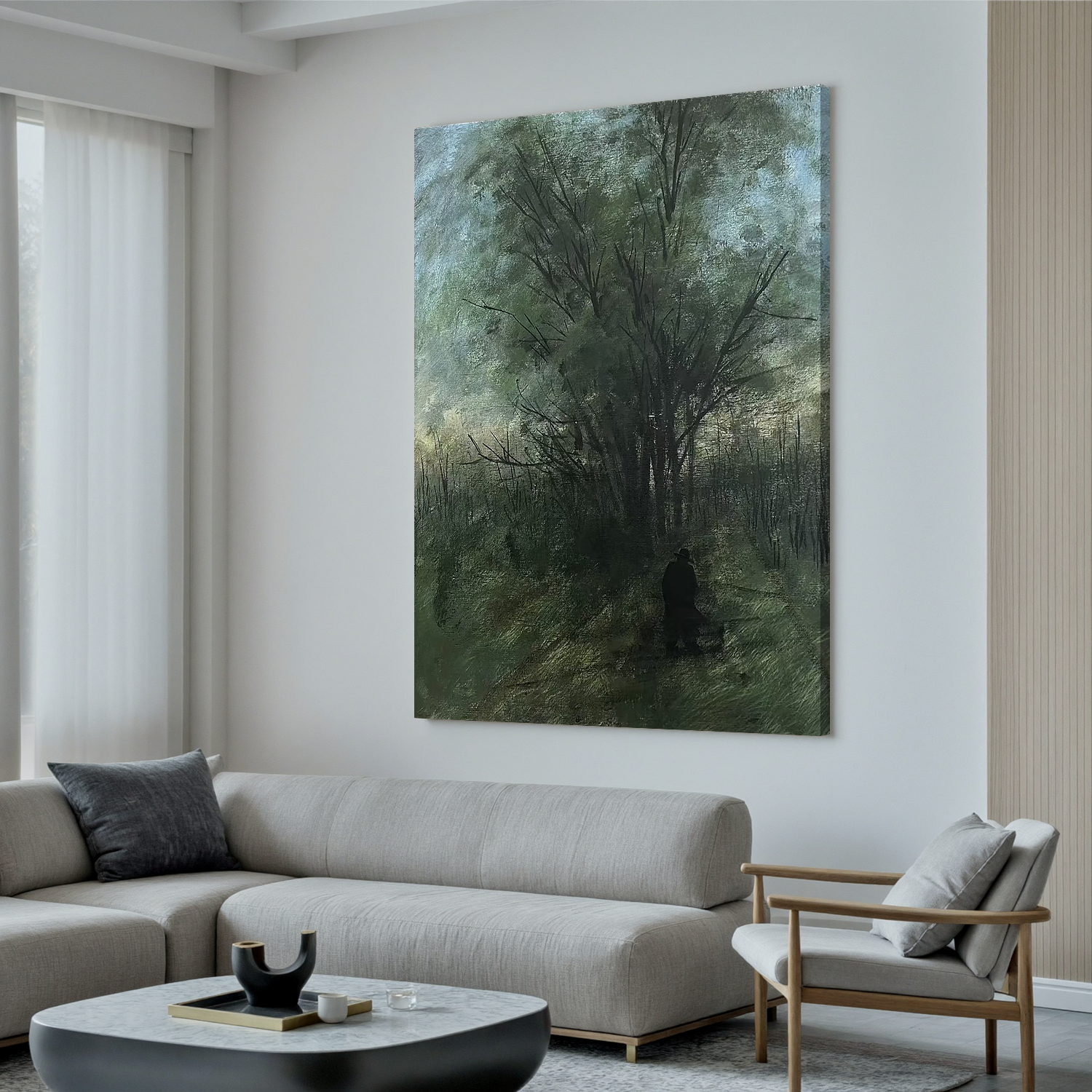 Moody Forest Wall Art with Lone Figure, Misty Woodland Landscape Canvas Painting for Living Room Decor #OA 0776