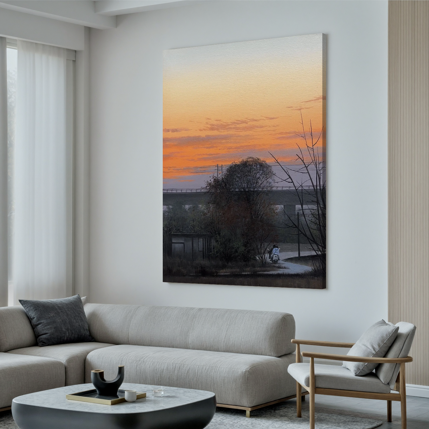 Countryside Sunset Landscape Wall Art with Bridge and Figure, Serene Nature Canvas Painting for Living Room Decor #OA 0757