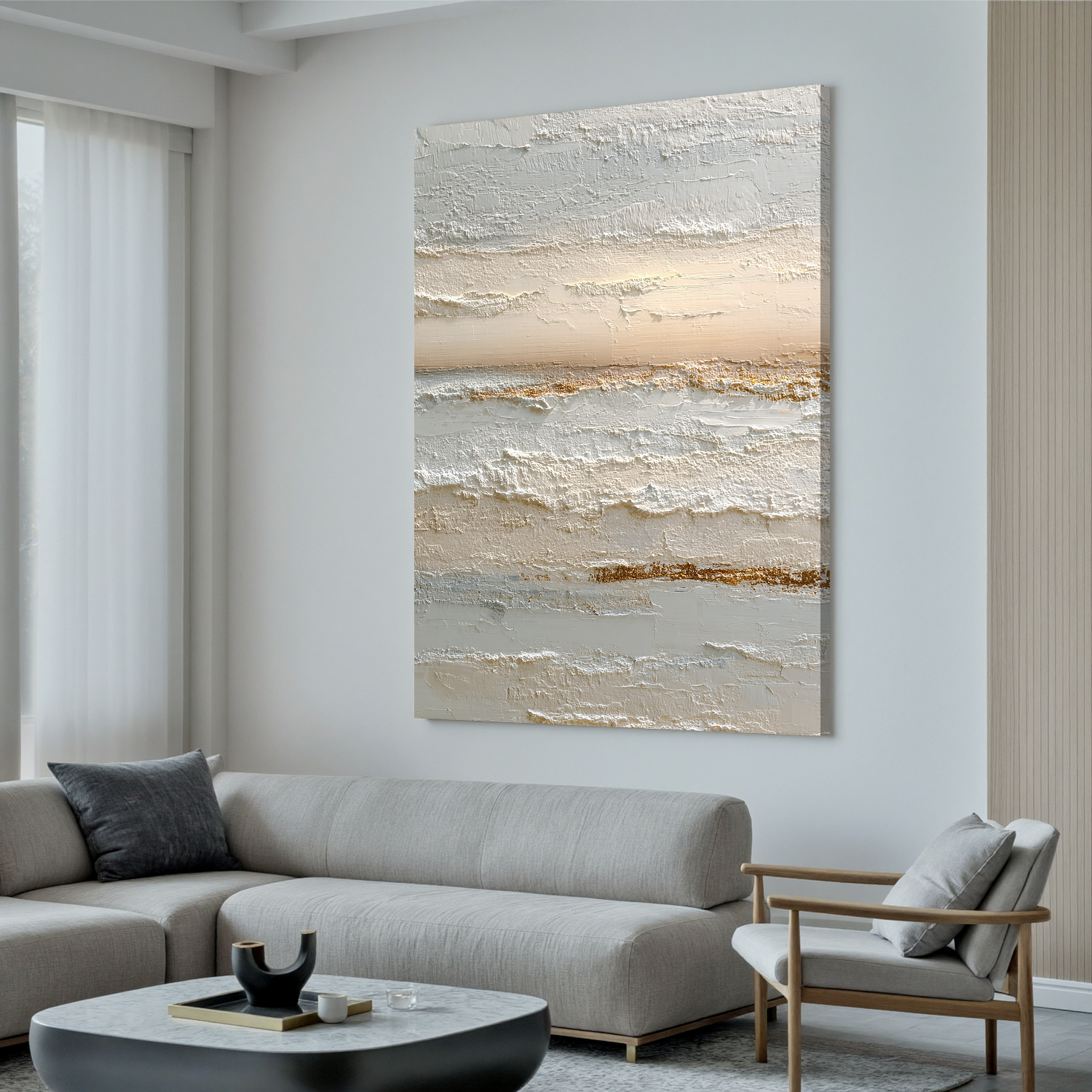 Neutral Abstract Canvas Wall Art – Textured Minimalist Painting in Cream and Beige for Living Room Decor#OA 0856