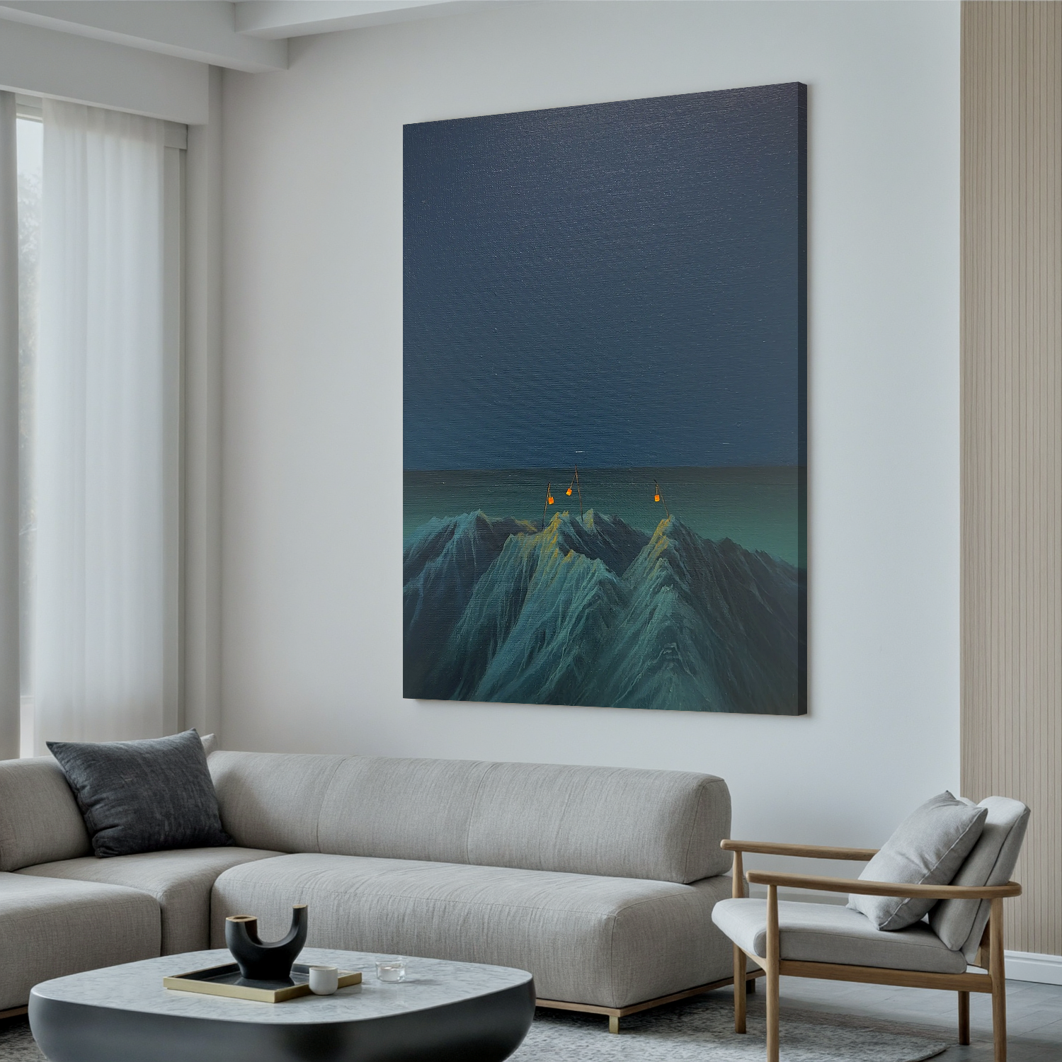 Surreal Mountain Night Wall Art with Hanging Lanterns, Minimalist Blue Landscape Canvas for Living Room Decor #OA 0746