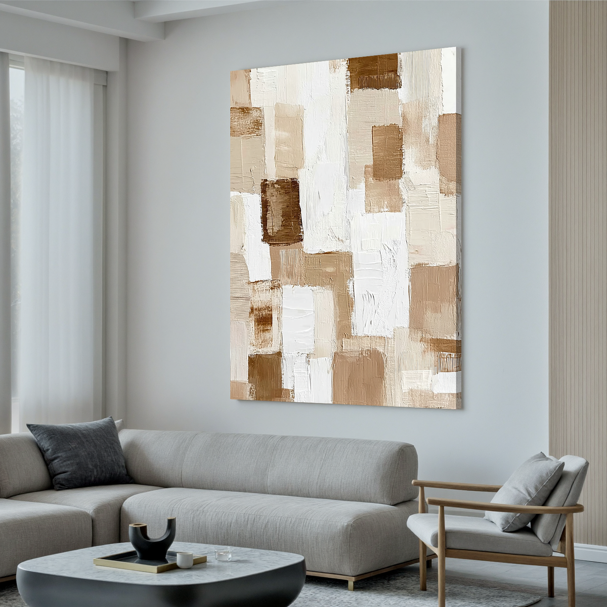 Neutral Beige Abstract Oil Painting, Textured Minimalist Wall Art for Living Room Decor#OA 0593