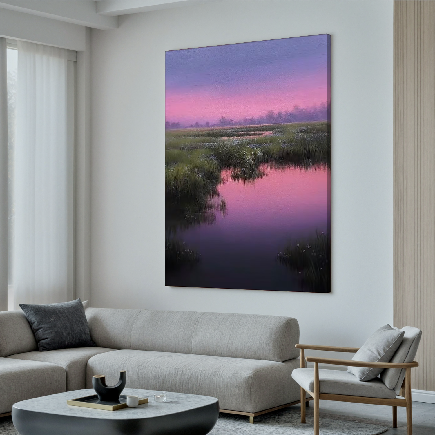 Pink and Purple Sunset Wetland Wall Art, Serene Marsh Landscape Canvas Painting for Living Room Decor #OA 0731