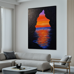 Sunset Ocean Cave Oil Painting, Dramatic Seascape Wall Art for Living Room Decor#OA 0597